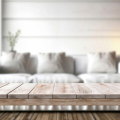 Poster - Empty wooden table top showing living room with white sofa background, ideal for displaying products