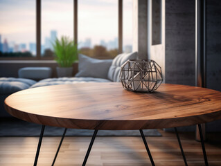 Poster - Round wooden table with modern decor in living room background