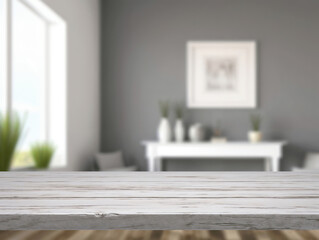 Poster - Empty white wooden table top modern living room interior background, perfect for product display
