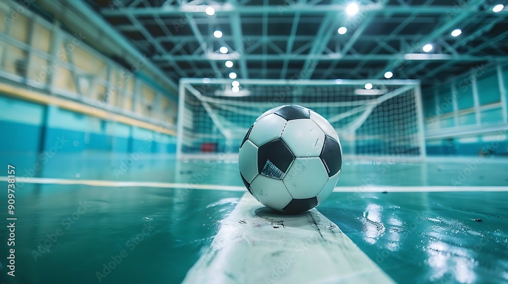 Football futsal ball goal with net and floor indoor soccer sports hall ...