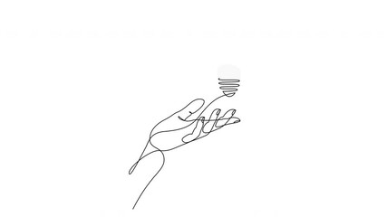 Wall Mural - self drawing animation of one line human hand holding light bulb with green plant inside. continuous