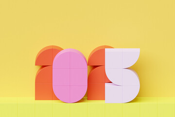 Poster - 2025 new year card with 3d realistic year number on colorful  background. 3D illustration. Volumetric figures 2025 at an angle, space for text for New Year's greetings, New Year's corporate banner