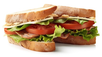 Wall Mural - Fresh sandwich with ham, cheese, tomatoes, fast food on white background, isolate. AI generated.