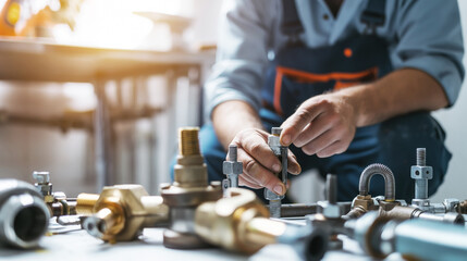 Worker assembling metal parts on table, installing hardware, plumbing materials, industrial work, mechanical workshop, hands-on craftsmanship, repair tools concept