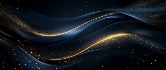 Dark background with dark blue and gold abstract glowing waves containing glitter particles 