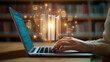 © suldev - E-library concept. Person use laptop with virtual E-book for electronic books online, knowledge base on internet, digital library or e-library