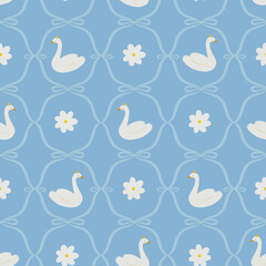 Beautiful seamless pattern in old vintage retro style with ornament and swan illustrations. Wallpaper print design. Stock illustration.