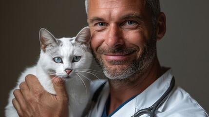 Wall Mural - Warm smile of middle aged male veterinarian wearing white coat holding white cat isolated on clean background