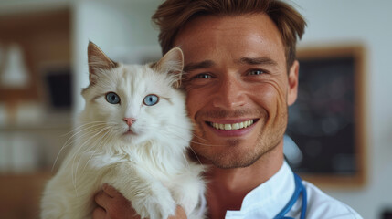 Warm smile of middle aged male veterinarian wearing white coat holding white cat isolated on clean background