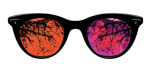 Poster - Horror spooky pink orange eye glasses vector clipart illustration - creative reflection spectacles clip art - night glasses - tree pattern sunglasses 