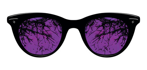 Sticker - Spooky purple blue night eye glasses vector clipart illustration - creative reflection spectacles clip art - scary lens specs - tree pattern sunglasses 