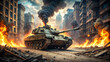 © Roman - A tank maneuvers through a devastated urban area, engulfed in flames and smoke, marking the aftermath of a fierce battle