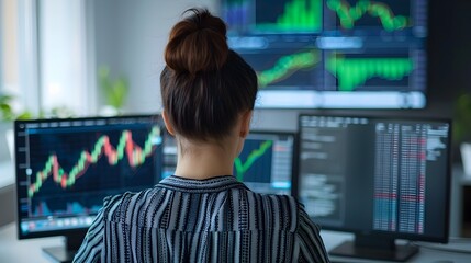Poster - Businesswoman Analyzing Data on Multiple Computer Screens in a High Tech Office