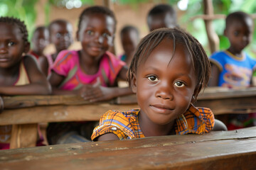 School Background: Proud African Schoolgirl Sitting In Her Desk Smiling.