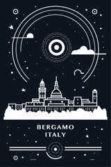 Wall Mural - Bergamo, Italy city creative poster with abstract thin line cityscape and skyline. Chalkboard style vector black and white illustration, vertical graphic