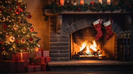 Wall Mural - Beautiful christmas decorated fireplace in dark interior. Neural network ai generated art