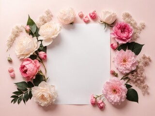 Wall Mural - white a4 paper mockup with flowers on light pink background