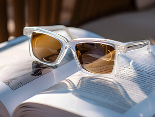 Stylish sunglasses with black frames and reflective lenses placed on an open book.