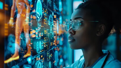 Poster - young black trainee doctor studying ai medical scans hologram of human body anatomy and futuristic h