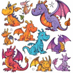 Wall Mural - Funny dragons doodle set, cartoon dino, graphic dinosaurs isolated, monster animals