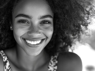 A happy woman with curly hair smiling directly at the camera