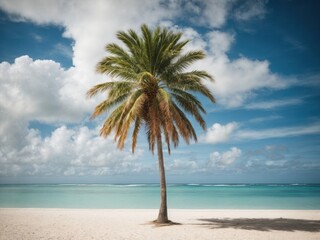 Palm tree on tropical beach with blue sky and white cloud