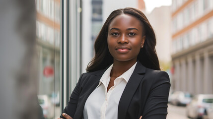 Wall Mural - A woman in a business suit stands in front of a building with her arms crossed