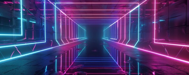 Poster - Neon Tunnel, Futuristic Corridor, Abstract Background