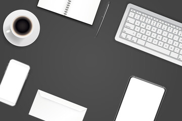Poster - Office supplies. Different business stuff on a table with copy space. 3d vector background
