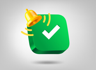 Aufkleber - Green button with check mark with ringing bell. 3d vector illustration