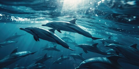 Poster - Dolphin Pod Swimming in the Ocean