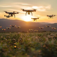 Poster - Futuristic Drone Swarm Showcasing Agricultural Innovation and Technology Concepts in Sunset Field Landscape