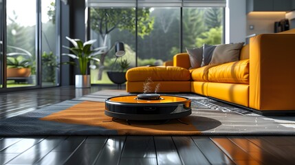 Poster - Autonomous Robot Vacuum Cleaning a Modern Living Room Representing Smart Home Technology Concept