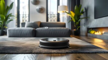 Poster - Autonomous Robot Vacuum Cleaning a Modern Living Room Representing Smart Home Tech Concept