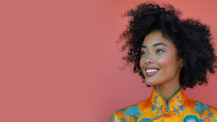 Wall Mural - Afro girl smile wearing yellow cheongsam at chinese new year festive