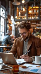 Poster - entrepreneur brainstorming with digital devices in trendy coffee shop