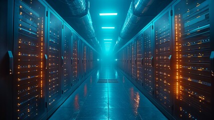Poster - A narrow corridor within a server room glows with vibrant lights from rows of equipment, creating a futuristic, high-tech atmosphere.