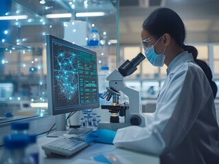 Poster - scientist utilizing advanced digital tools and microscopes in high tech laboratory