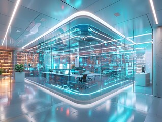 Poster - Futuristic High Tech Office with Transparent Touchscreens and Holographic Displays