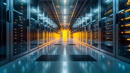Poster - modern data center with advanced cooling systems and rows of servers technology concept