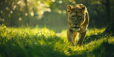 Sticker - A lion strolling on lush green grass during summer