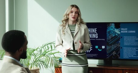Poster - Conference, meeting and woman with presentation in boardroom for AI, project and development. IT, discussion and people with seminar in office for computer science, business pitch or machine learning