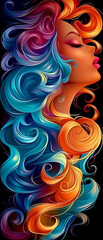 Wall Mural - A woman with long, colorful hair is shown with a pink lip. The colors of the hair and the lips create a sense of energy and liveliness