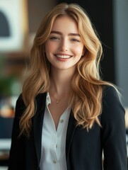 Wall Mural - A woman wearing a black jacket and white shirt, possibly for work or a casual outing