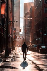 Poster - Man Walking Alone Down a Narrow City Street With Tall Buildings on Both Sides