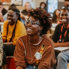 Wall Mural - Young Black Woman Smiling in a Group of People