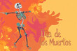 © Dmitry - Skeleton dancing with marigold flowers and bats on an orange background. Vector illustration with watercolor elements. Dia de los Muertos celebration concept. Design for posters and banners.