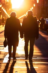 Wall Mural - Silhouettes of Couple Holding Hands Walking on the Street in Sunset