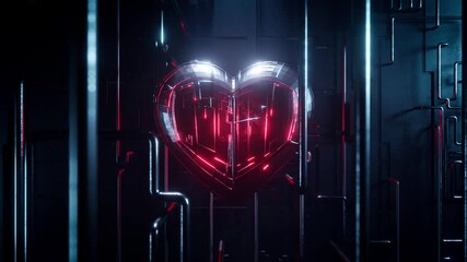 Poster - Sci-fi scene of metal heart with red light on the steel structure, futuristic concept, loop animation