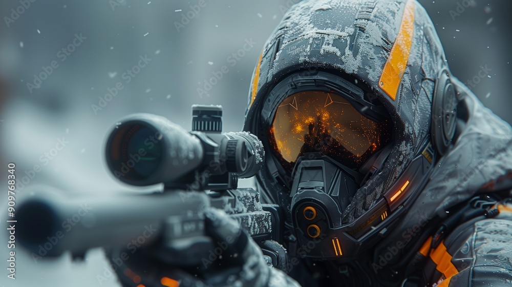Highly Trained Soldier Aiming Precision Rifle in Snowy Battlefield ...